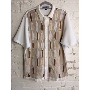 Michael Irvin 88 Knit Polo Shirt Retro Pattern Button Front Beige Brown L